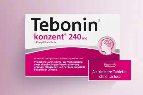 Produktabbildung von Tebonin® konzent® inkl. Störer „Als kleinere Tablette, ohne Lactose“