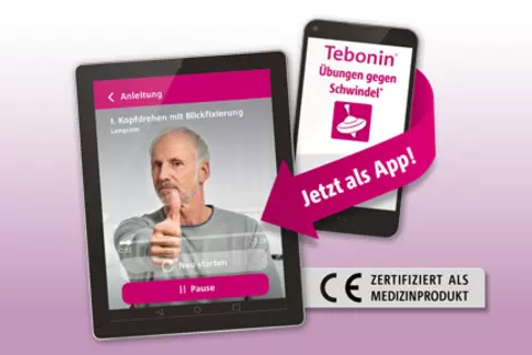 Tablet und Handy die Screens aus der Tebonin Schwindel-App zeigen