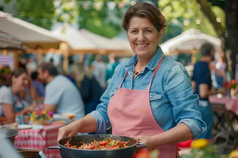 Frau ist sozial aktiv und kocht auf einer Veranstaltung im Freien