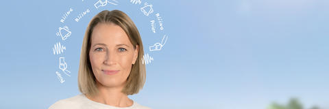 Portrait Frau mit Symbol-Icons Tinnitus