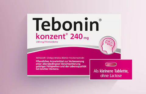 Produktabbildung von Tebonin® konzent® inkl. Störer „Als kleinere Tablette, ohne Lactose“