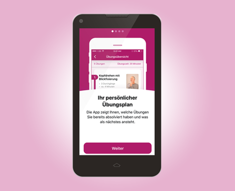 Handy mit der Darstellung Übungserinnerung der Tebonin® Schwindel-App